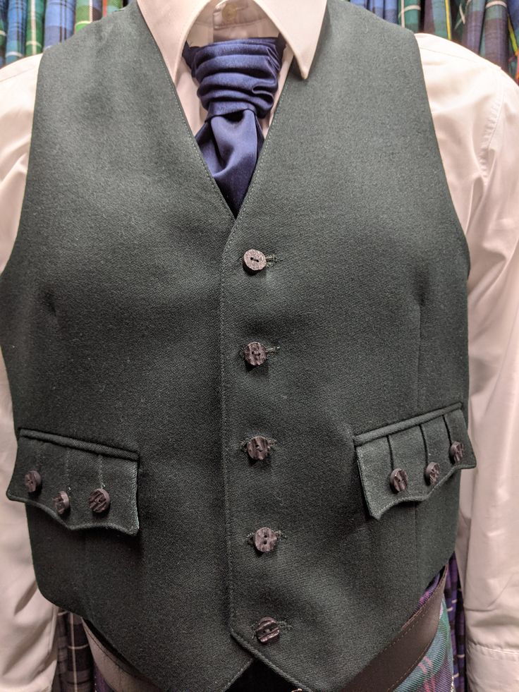 Gents dark green barathea 5 button waistcoat with horn buttons, front pockets and green lining. Made in Scotland with 100% Scottish wool. Scottish Festival, Mens Formal Vest, Formal Vest, Mens Vests, Mens Formal, Vest Outfits, Harris Tweed, Vest Dress, Beautiful Fabric