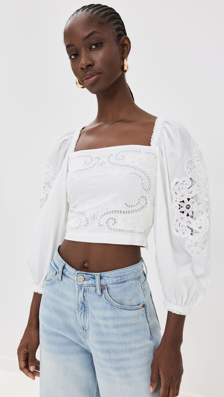 Discover the latest apparel, activewear, shoes & accessories from established and emerging designers. Enjoy free two-day shipping and free returns. White Lace Blouse, Long Puff Sleeves, India Fashion, Farm Rio, Crop Top Blouse, Crop Blouse, Blouse Fabric, Lace Blouse, Three Quarter Sleeves