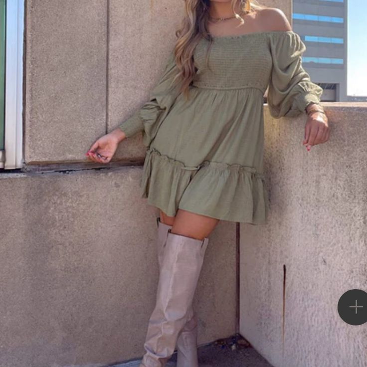 Olive Long Sleeve Dress Can Be Worn On Or Off The Shoulder Size: Medium New With Tags And Comes In Original Bag Fall Off-shoulder Mini Dress For Brunch, Off-shoulder Fall Dress For Going Out, Casual Off-shoulder Mini Dress For Dress Down Occasions, Off-shoulder Dress For Going Out In Fall, Casual Off-shoulder Mini Dress For Spring, Casual Mini Dress For Fall Going Out, Casual Mini Dress For Going Out In Fall, Green Puff Sleeve Mini Dress For Fall, Casual Off-shoulder Mini Dress For Going Out