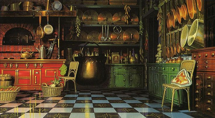 a painting of a kitchen with lots of pots and pans on the stove top