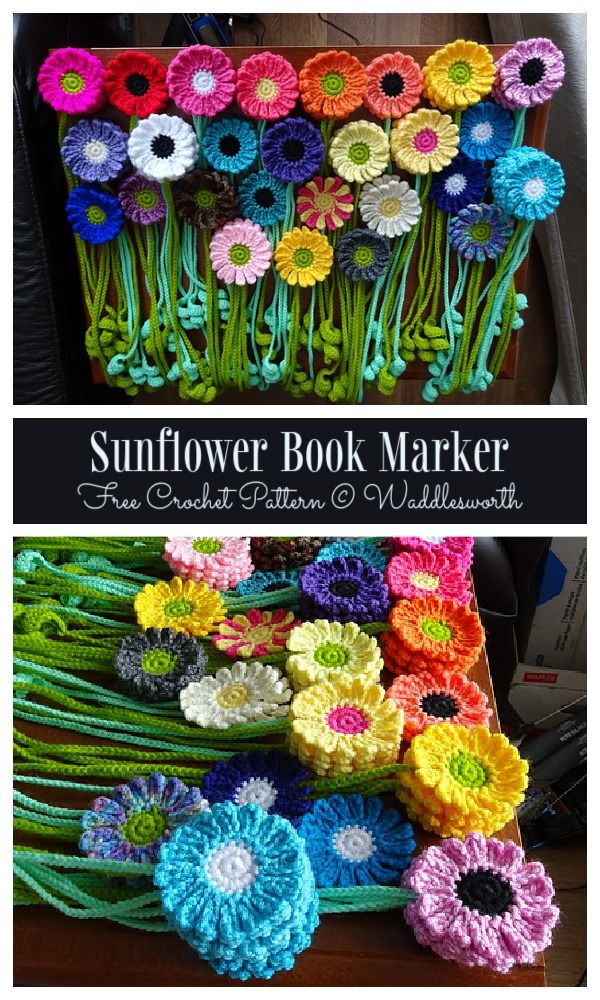 the sunflower book marker is made from crocheted yarn and has flowers on it