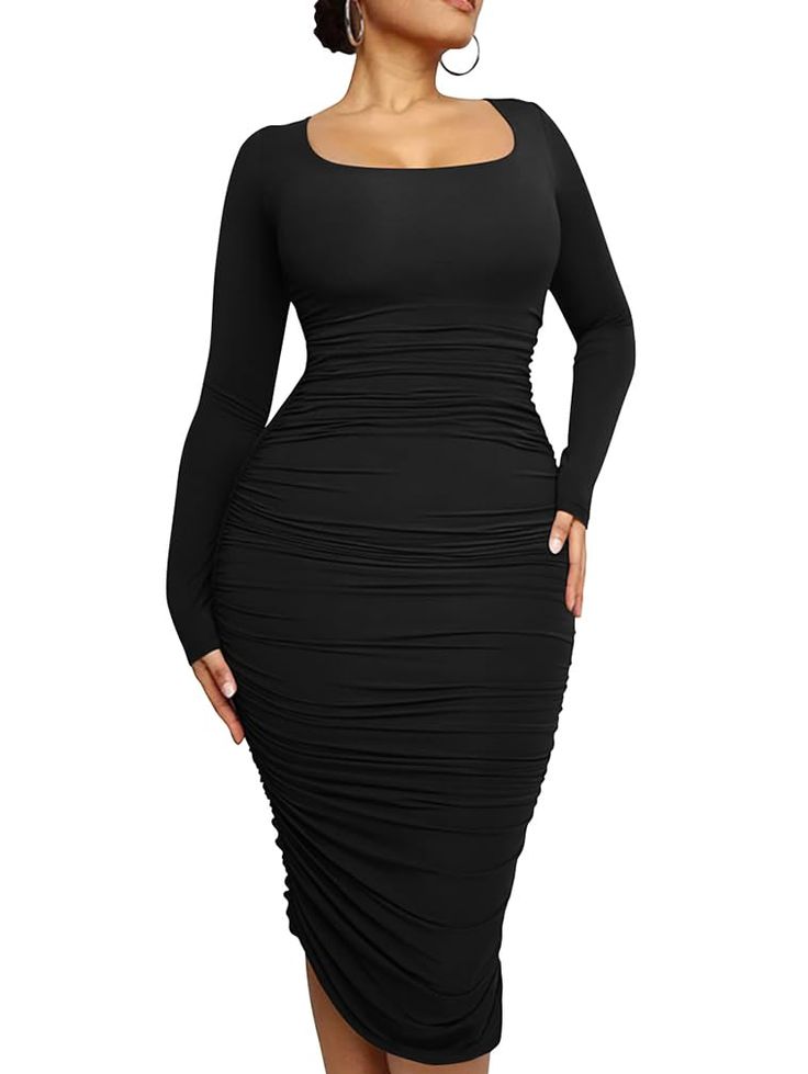 PRICES MAY VARY. Material: Polyester and spandex, soft, comfortable, high elasticity, opaque, skin friendly, absolutely amazing. Feature: Slim fit, plus size, square neck, scoop neck, solid color, long sleeve, back zipper, bodycon ruched, knee length, basic midi dress. Occasion: The plus size basic midi dress is suit for casual, daily, shopping, lounge, vacation, evening party, wedding, barbie, prom, cocktail, Christmas, bar, dating pairing with accessories . Also suitable for maternity, Casual Plus Size Party Dresses For Wedding, Wedding Barbie, Plus Size Christmas Dresses, Basic Midi Dress, Cocktail Christmas, Plus Size Midi Dress, Maternity Casual, Home Dress Women, Long Sleeve Black Dress