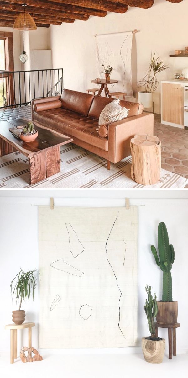 two pictures of a living room with couches, tables and potted cacti