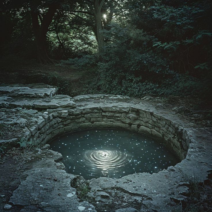 a pond in the middle of a forest with rocks surrounding it and trees around it