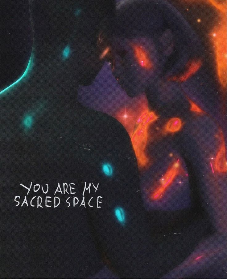 a man and woman standing next to each other in front of a neon background with the words you are my sacred space