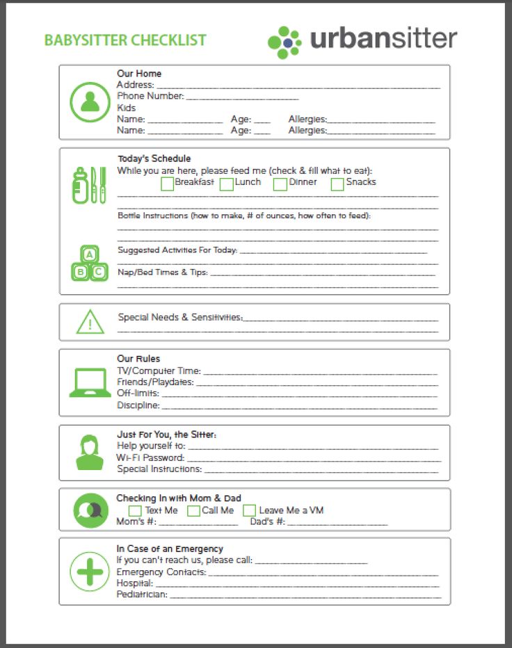 the babysitter checklist is shown in green and white, with instructions for how to