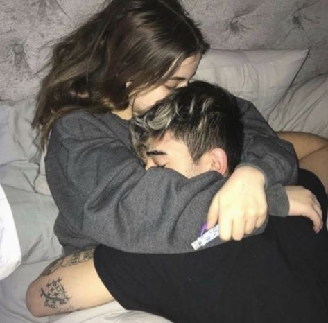 a man and woman cuddle in bed with the caption, wanna hug u and sleep