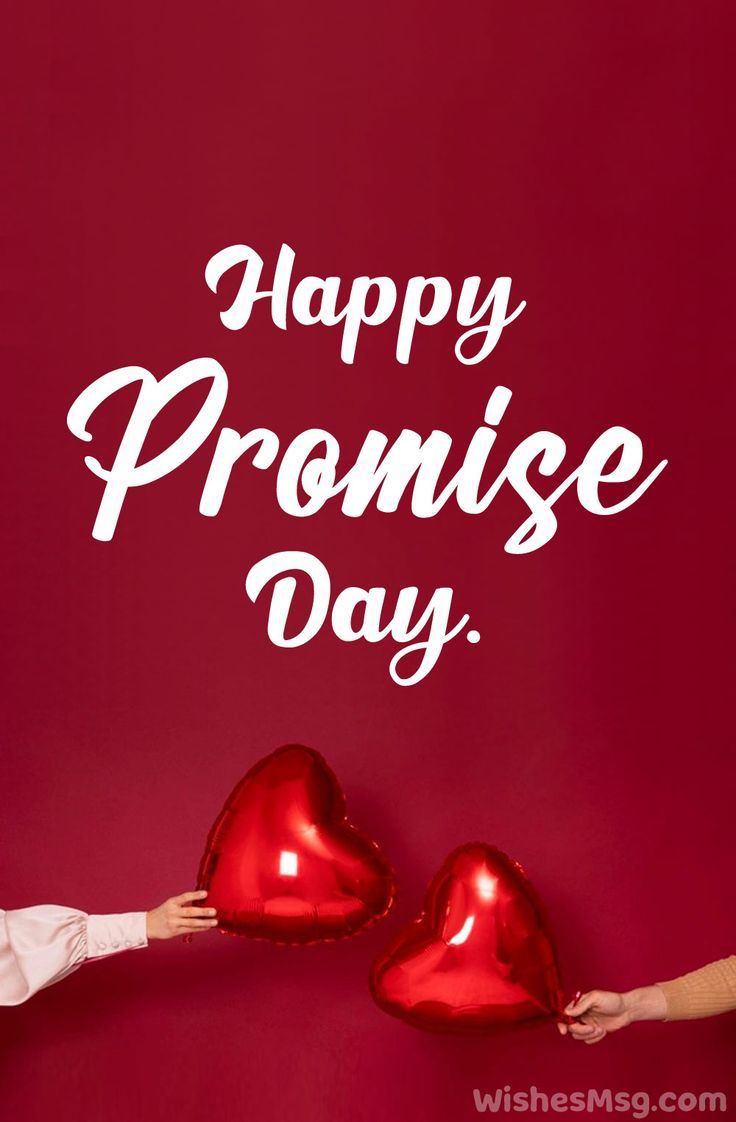 two people holding red heart shaped balloons with the words happy promise day