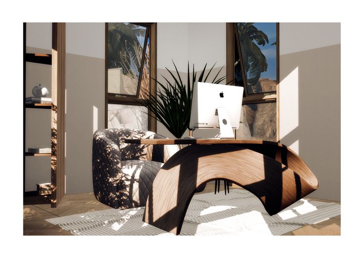 a computer desk sitting in the middle of a room next to two windows with palm trees