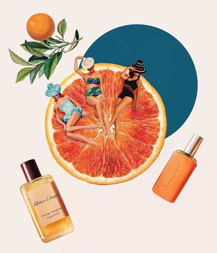 an orange with three women in bathing suits on it and two perfume bottles next to it