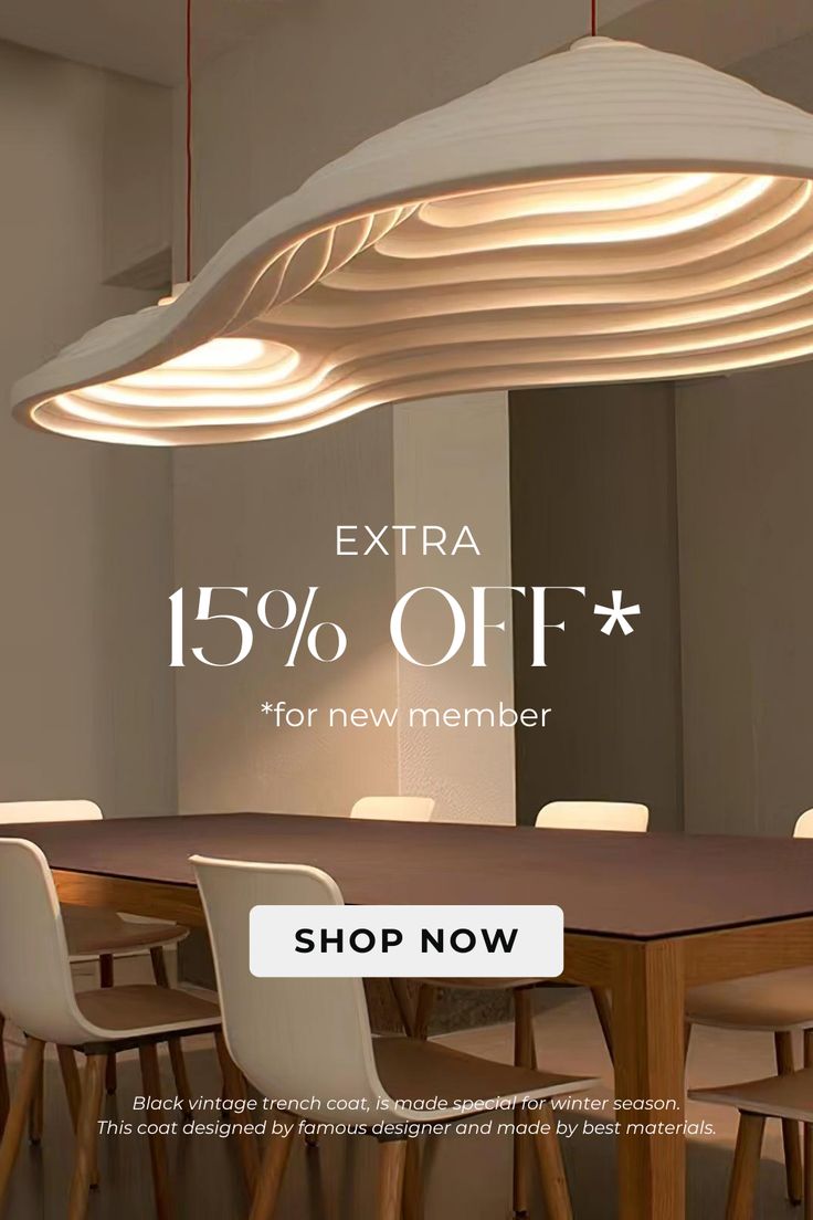 a dining room table and chairs with the text extra 15 % off for new members