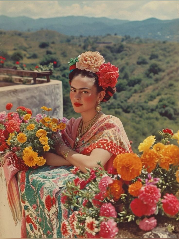 a woman with flowers in her hair sitting on a ledge