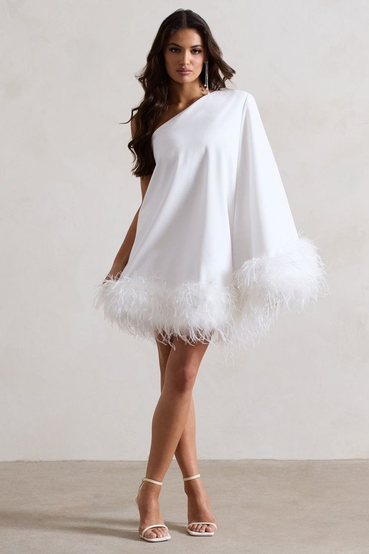 Scuba Dresses Styles, Mini Dress With Feathers, Asymmetric Cape, One Shoulder Cape, Dress With Feathers, Shoulder Cape, Guest Attire, Cape Sleeves, African Style