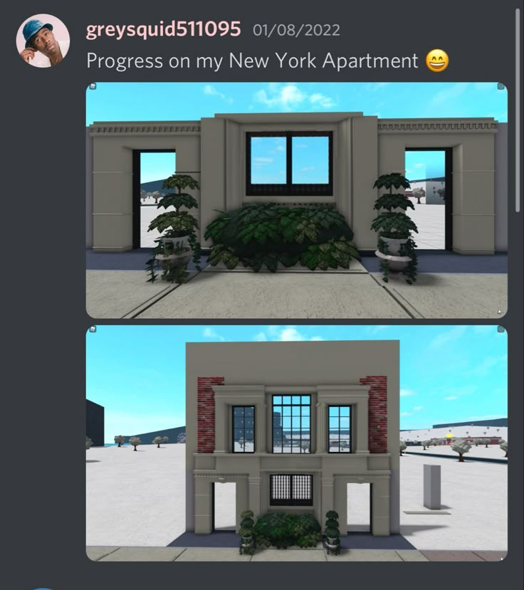 two screens showing different views of a new york apartment building with plants growing out of the windows