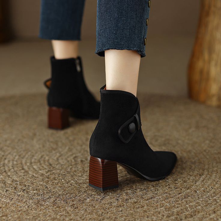 Looking for a versatile boot that can be dressed up or down? Check out our black block heel ankle boots! Made from soft suede. these boots feature a pointed toe and a low block heel. They're the perfect choice for a night out or a day at the office. Upper: Suede Lining: Leather/Short Plush Outsole: Rubber Toe: Pointed Toe Closure: Zip Color: Tan. Black Heel: 6cm/2.36'' Shaft: 14cm/5.5'' Circumference: 24cm/9.4'' Handmade?: Yes The above measurement is based on size 6. With one size larger. 0.5cm Chic Suede Mid-calf Boots With Block Heel, Trendy Suede Heeled Boots For Fall, Fall Heeled Boots With Stacked Heel, Trendy Suede Boots For Workwear, Chic Pointed Toe Chelsea Boots For Winter, Trendy Suede Boots With Block Heel, Chic Chelsea Boots With Pointed Toe For Winter, Chic Fall Chelsea Boots With Block Heel, Fall Moto Boots With Stacked Heel And Pointed Toe