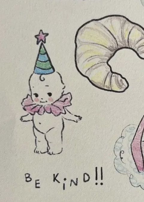 a drawing of a baby bear with a birthday hat and other items in the background