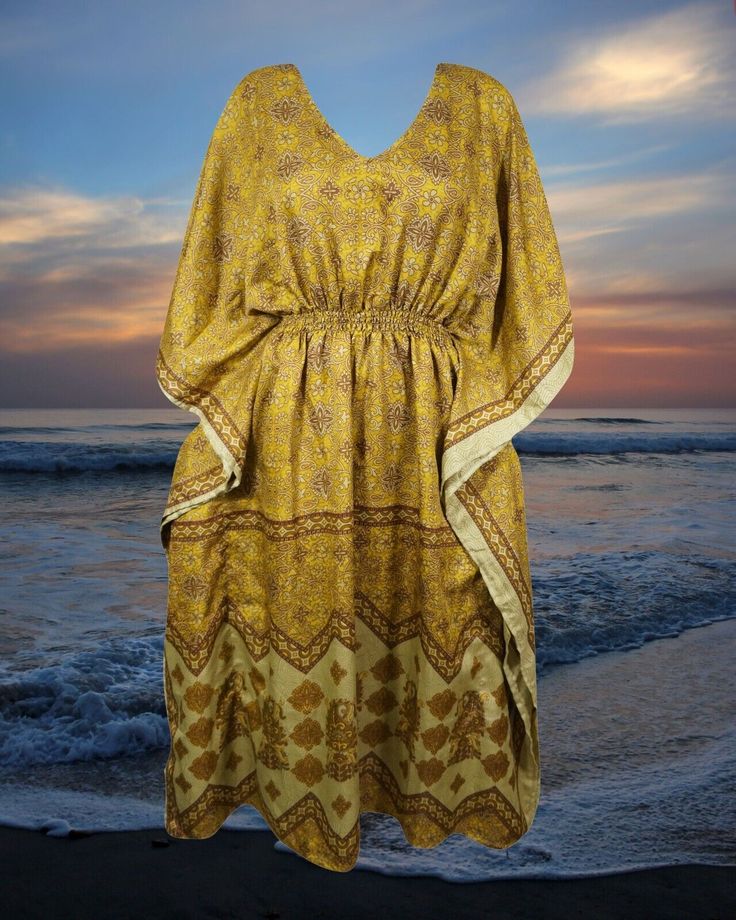 Women Recycle Silk Maxi Kaftan Dress, Yellow Gold Caftan Kimono Dresses L-2X Flowy Tunic Beach Dress For Festivals, Festival Boho Print Tunic Kaftan, Flowy Hippie Tunic Maxi Dress, Hippie Style Flowy Tunic Dress, Bohemian Tunic Kaftan For Beach Season, Flowy Boho Tunic Dress In Hippie Style, Hippie Style Boho Tunic Dress, Flowy Hippie Boho Tunic Dress, Flowy Boho Tunic Dress For Festivals