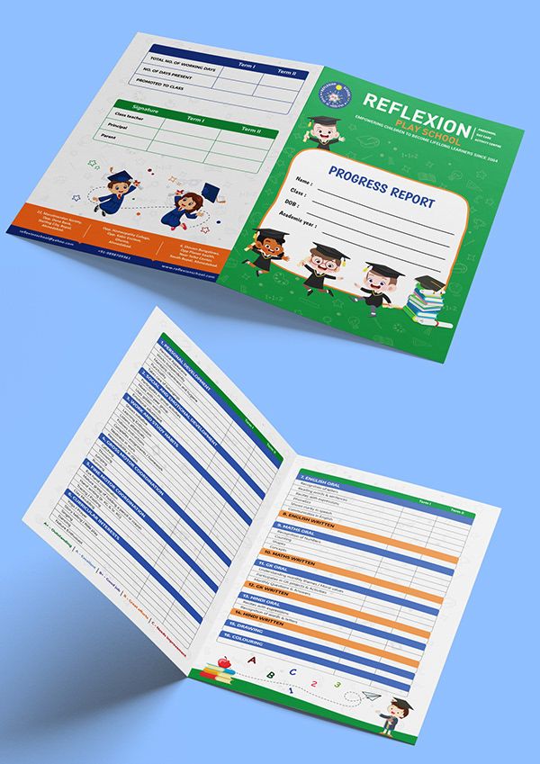 an open brochure is shown on a blue background