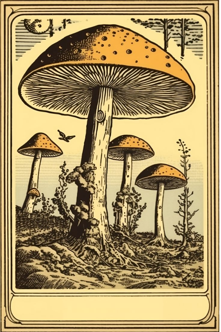 an image of mushrooms in the woods with birds flying around them and trees on either side