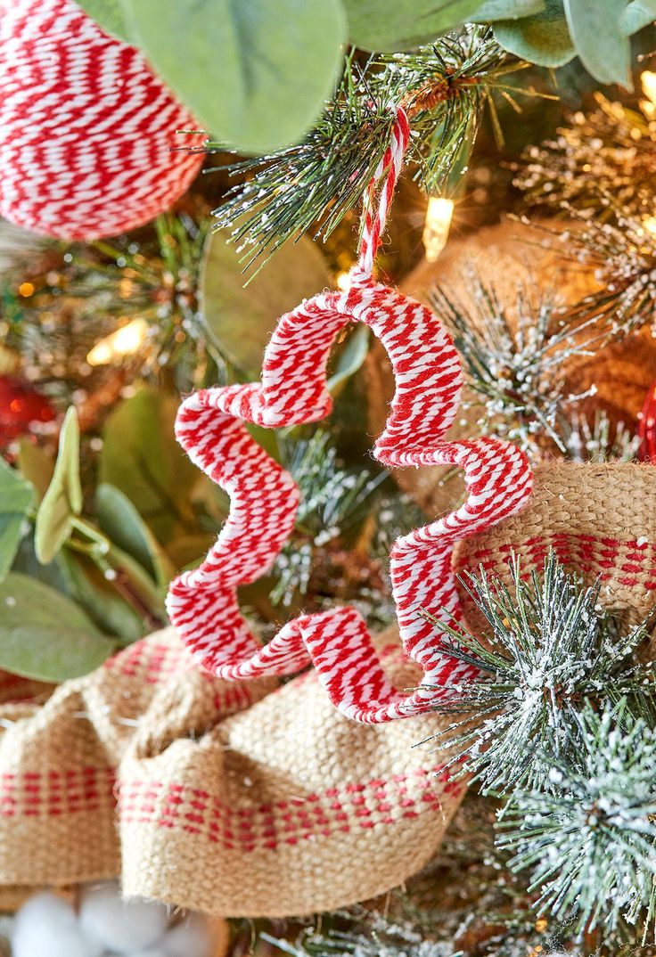 christmas ornaments are hanging from the tree in front of a holiday tree with red and white striped