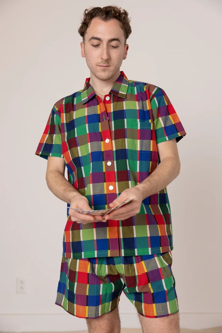 Dylan Shirt - Rainbow Grid Cotton – Nikki Chasin Affordable Multicolor Playful Shirt, Cheap Multicolor Relaxed Fit Shirt, Affordable Multicolor Casual Camp Shirt, Cheap Multicolor Casual Camp Shirt, Cheap Cotton Patchwork T-shirt, Cheap Playful Casual Shirt, Affordable Cotton Festival Shirt, Luxury Multicolor Camp Collar Shirt, Cheap Multicolor Camp Collar Tops