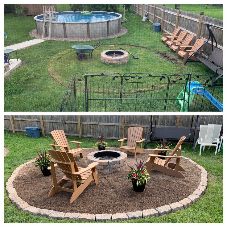 a backyard with a fire pit and lawn chairs