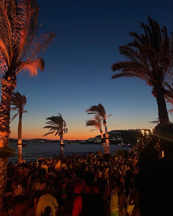 a crowd of people sitting on top of a beach next to palm trees