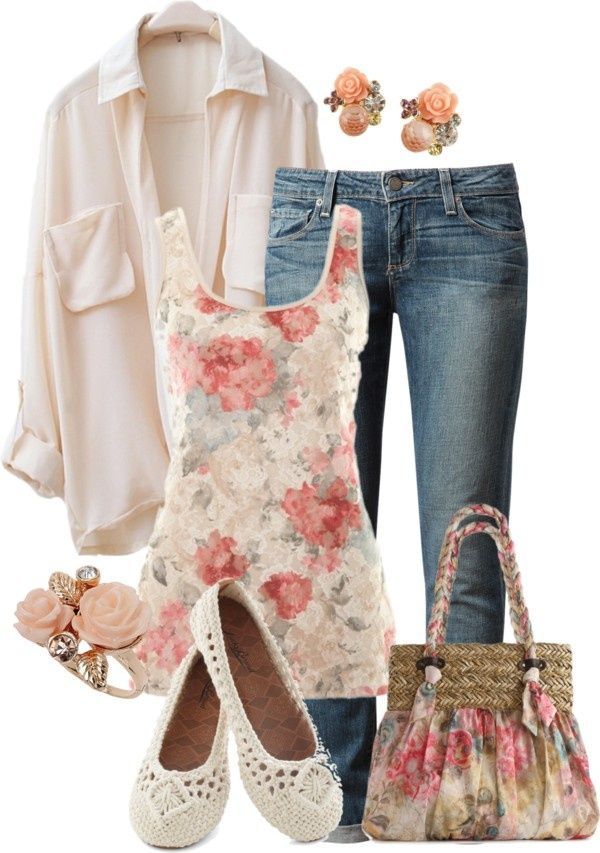 Floral tank top, jeans, white button down shirt, white flats, floral shoulder bag. Perfect spring style inspiration! Mode Tips, Outfits 2016, Skirt Maxi, Outfit Trends, Floral Outfit, Inspired Outfits, Spring Dress, Outfit Casual, Polyvore Outfits