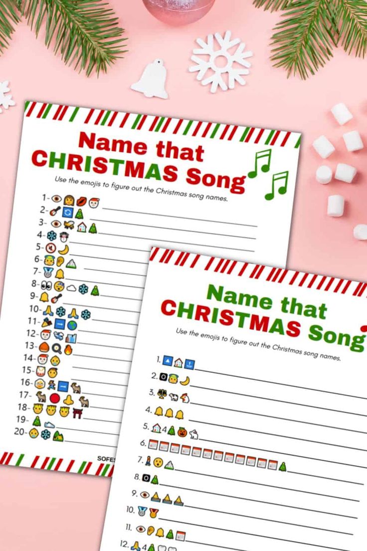 two christmas song worksheets on pink background