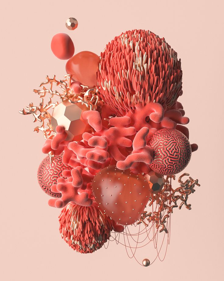 an arrangement of corals and balls on a pink background