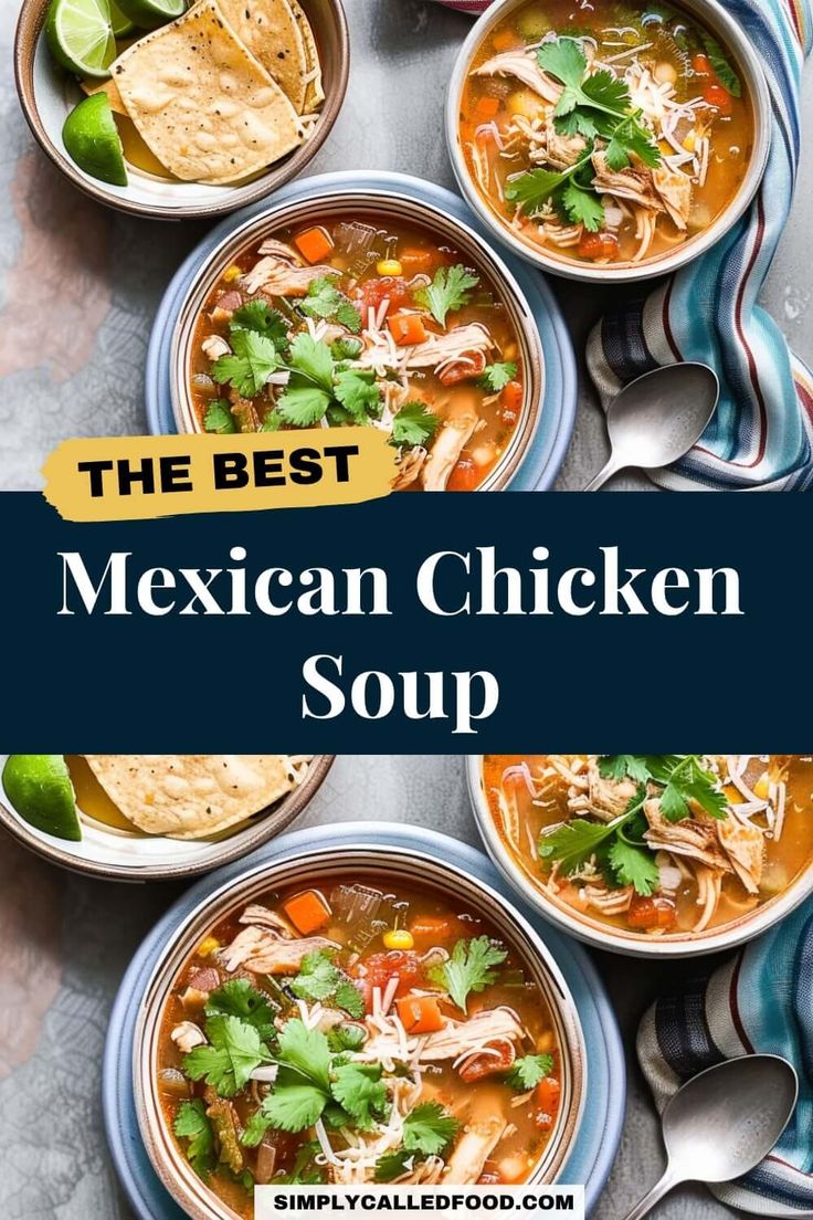 mexican chicken soup with tortilla chips and cilantro garnishes