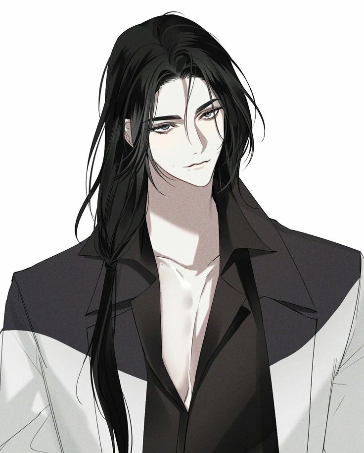 an anime character with long black hair wearing a white shirt and black blazer jacket