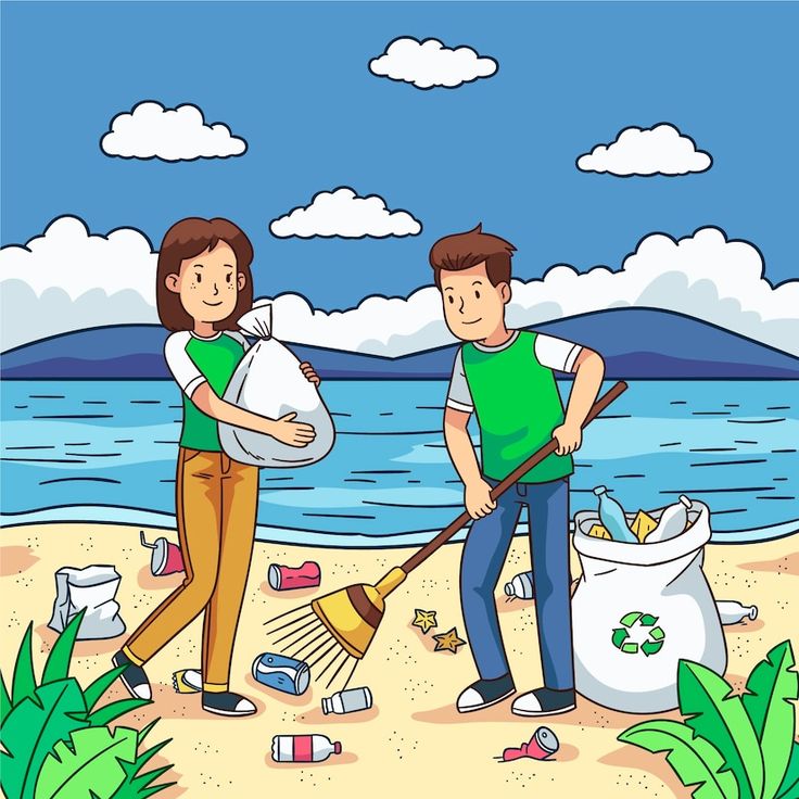 a man and woman cleaning the beach with trash bags, shovels and rakes