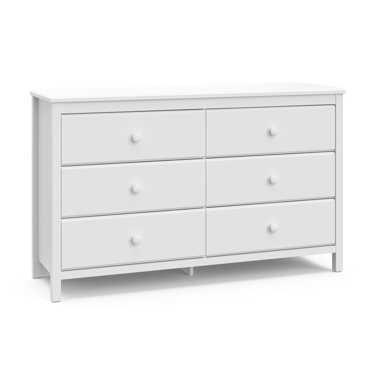 a white dresser with four drawers and two doors on one side, in front of a white background