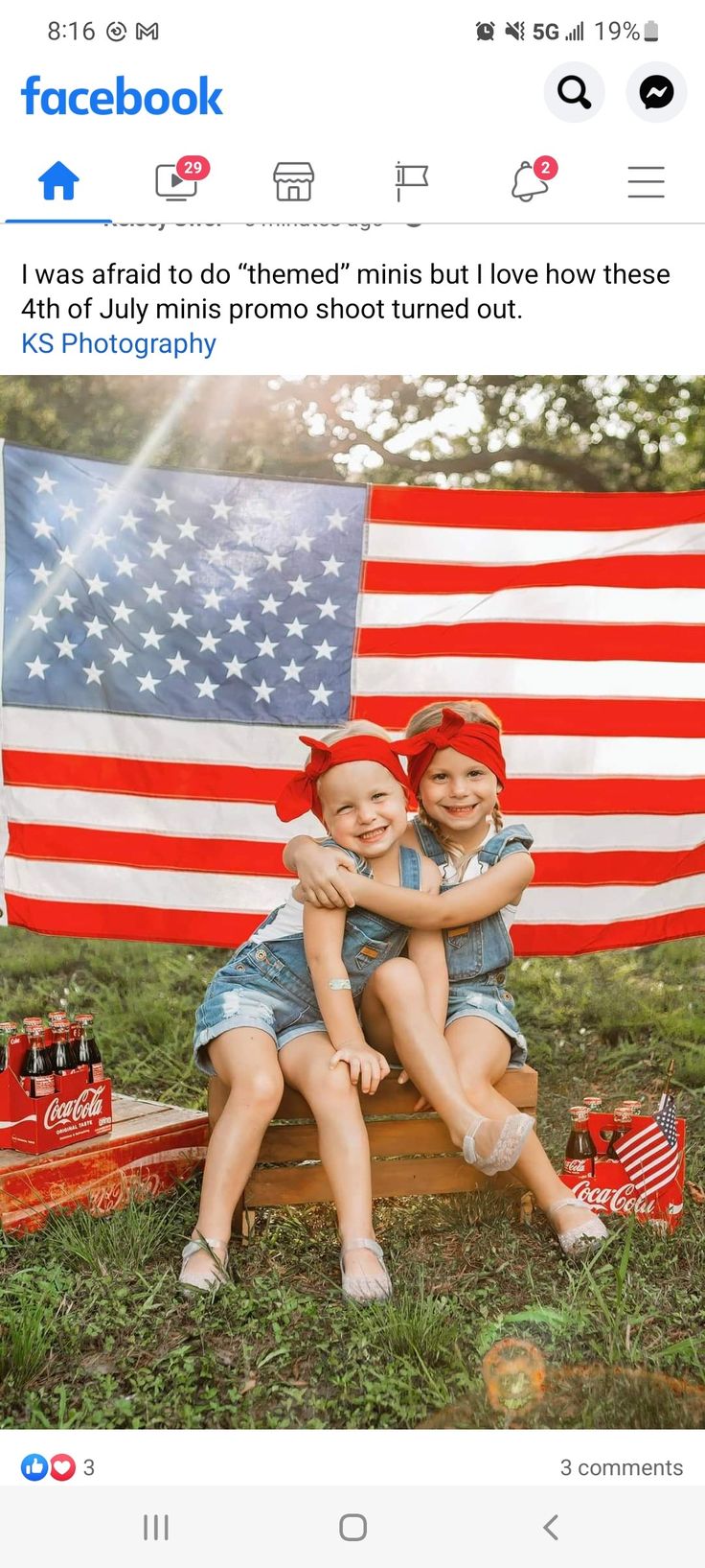 two children are sitting on a bench with an american flag in the background and text that reads facebook i was afraid to do