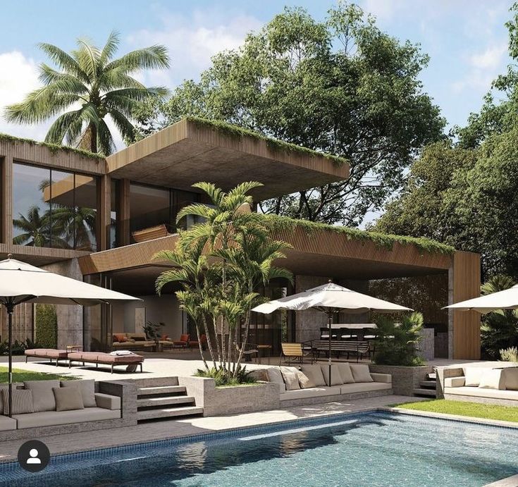 an artist's rendering of a modern house with pool and lounge chairs