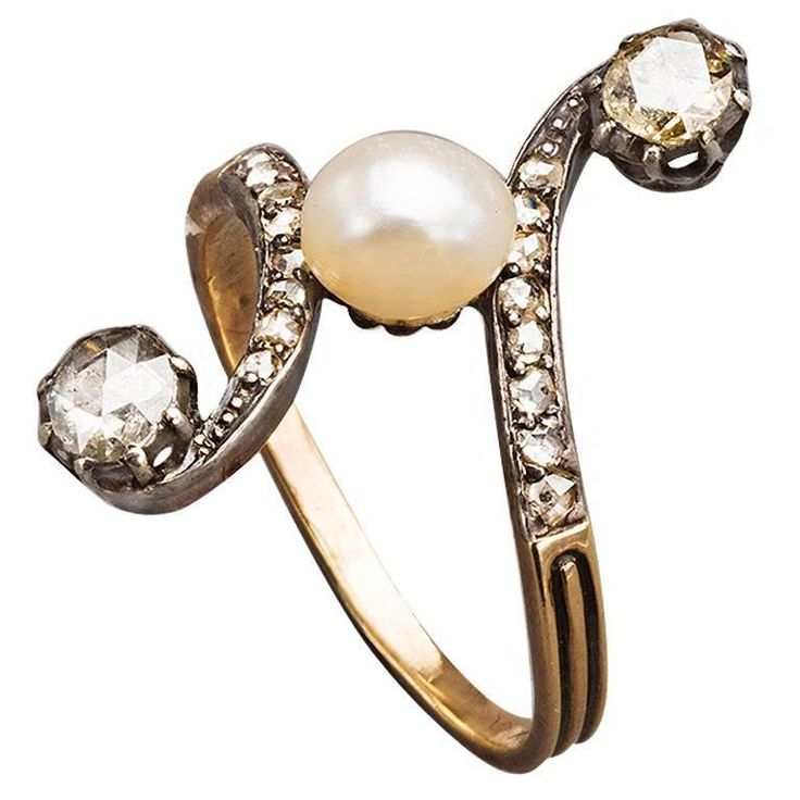 A French scrolling diamond and pearl ring of rococo design set with an oval pearl, the curved shoulders enhanced with lines of rose diamonds, each ending in an oval rose diamond, mounted in silver and 18k rose gold. Circa 1890, unmarked except for French control marks. Size 9 1/4. Pearl Ring Designs Unique, Pearl Ring Designs, Red Diamond Ring, Rings Red, Rose Diamond, Gold Pearl Ring, Pearl Rose, Bracelet Love, Pearl And Diamond Ring