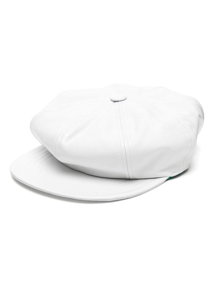 white calf leather patent finish six-panel construction flat peak internal logo patch White Adjustable Leather Hat, Adjustable White Leather Hat, Luxury White Visor Hat, Elegant White Flat Cap, Modern White Hat With Curved Brim, Classic White Visor Hats, Baker Boy Hat, Baker Boy, Chanel 2