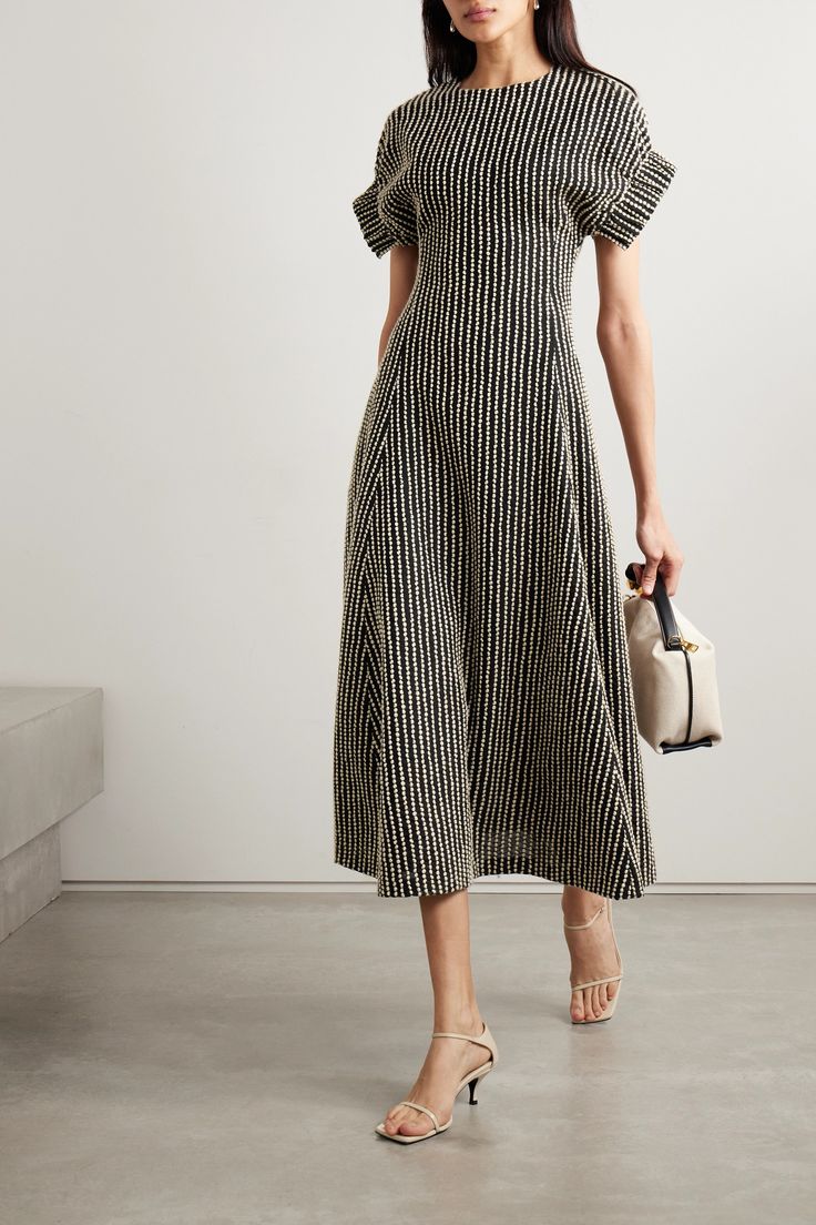 Ulla Johnson defines its artisanship as a celebration of global design, employing techniques from across the world - the stripes of this midi dress are achieved using a meticulous Italian stitch. It's made from a wool-blend and has a slim fit through the bodice before falling to soft folds through the skirt. Luxury Box Pleat Midi Dress For Summer, Summer Midi Dress For Workwear, Luxury Summer Midi Dress With Gathered Neckline, Luxury Striped Midi Dress For Spring, Luxury Chic Midi Dress With Box Pleat, Affordable Striped Elegant Midi Dress, Luxury Midi Dress With Tie Fastening For Daywear, Luxury Summer Midi Dress For Work, Elegant Work Dress Midi