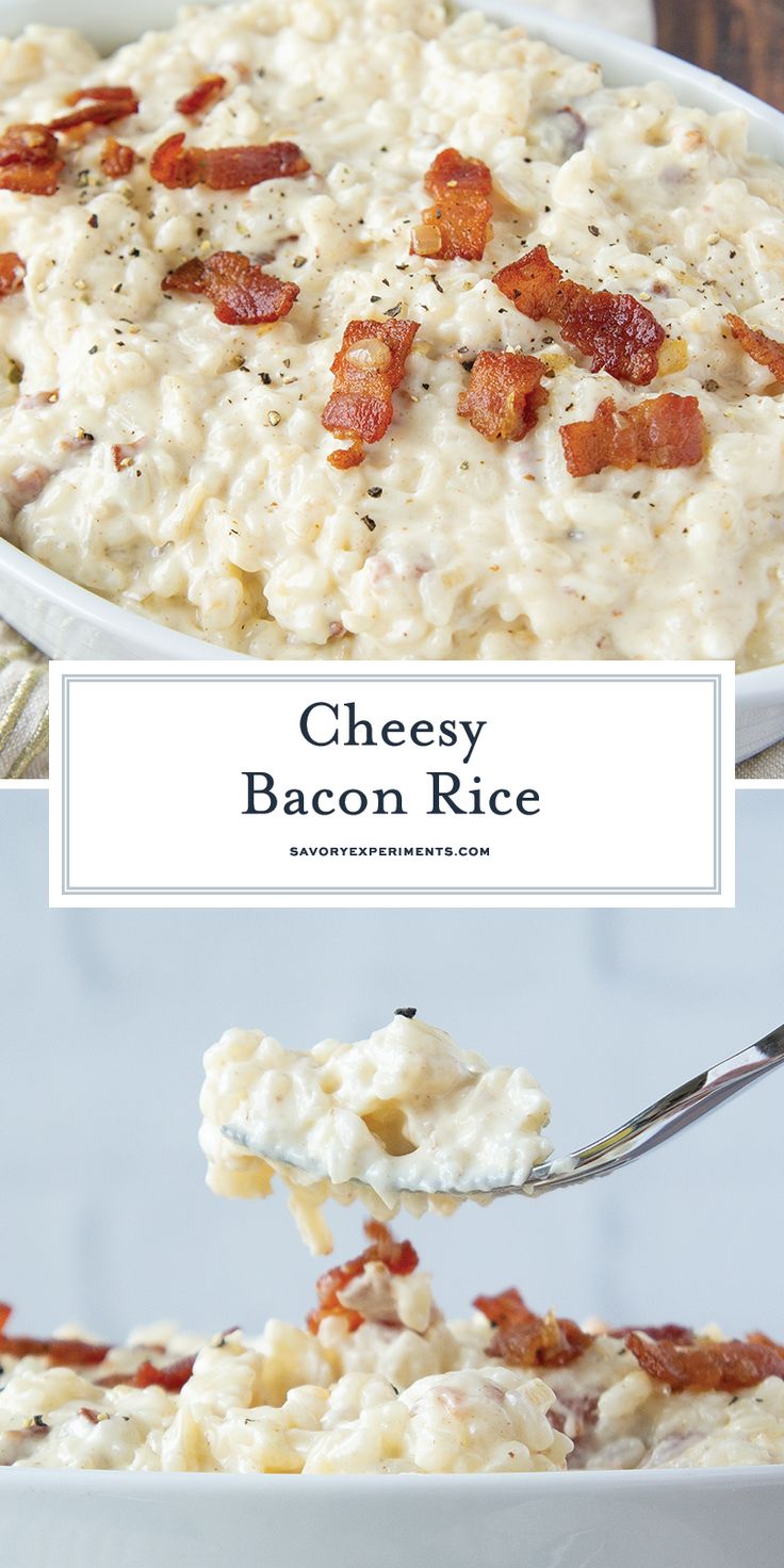 cheesy bacon rice in a white bowl with a spoon and title above it