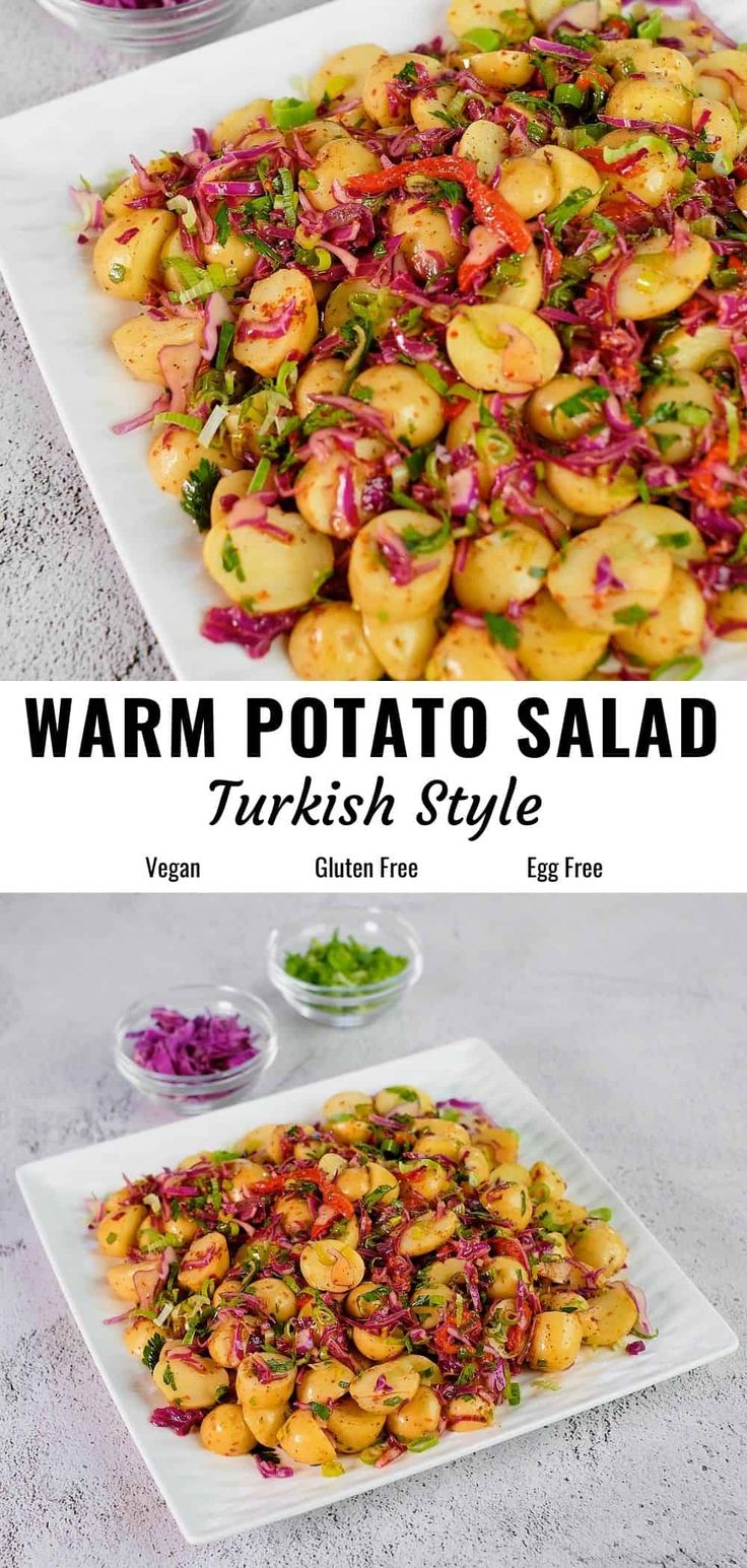 two pictures with different types of food on them and the words warm potato salad written below