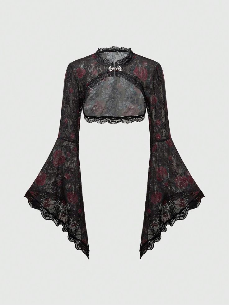 Gothic Style Rose Print Lace Detail Women's Bell Sleeve Top Multicolor Sexy  Long Sleeve Knitted Fabric Floral,Plain,All Over Print  Medium Stretch  Women Clothing, size features are:Bust: ,Length: ,Sleeve Length: Bat Wing Sleeves, Fabric Floral, Gothic Style, Rose Print, Women Tops, Gothic Fashion, Long Sleeve Knit, Granada, Gotham