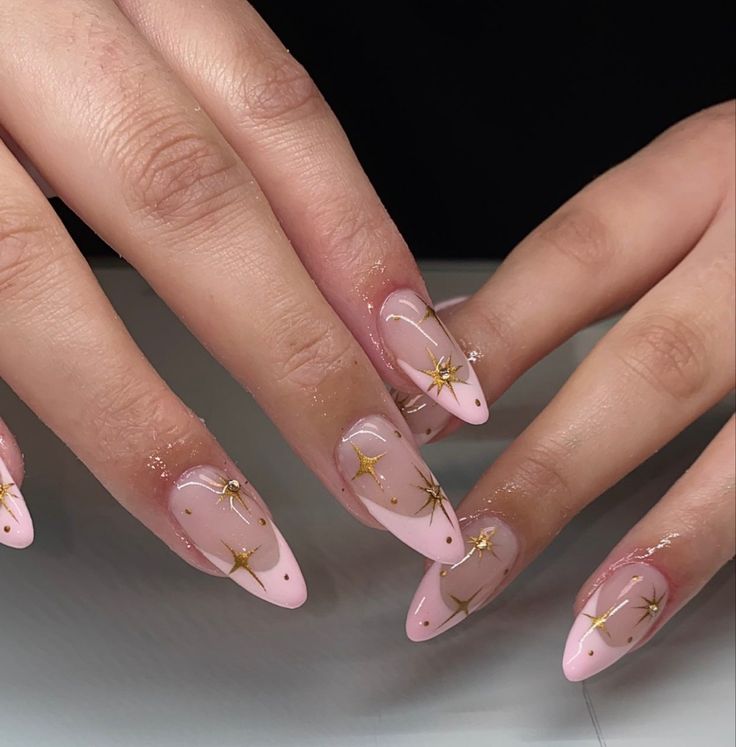 Summer New Years Nails, Pick Nails Design, Gel X Nail Designs 2024, Gel X Nails Summer, Leo Season Nails, Astronomy Nails, Folklore Nails, Nails Pink And Gold, Nail Designs With Gems