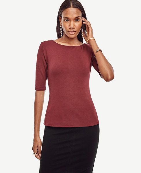 Designed+in+soft+ponte,+this+refined+boatneck+top+is+an+indispensable+wardrobe+essential.+Boatneck.+Short+sleeves.+Hidden+back+zipper+with+hook-and-eye+closure.+24+1/2"+long. Stitch Fix Inspiration, Work Wardrobe, Style Ideas, Effortless Style, Stitch Fix, Ann Taylor, Shirts Tops, Open Shoulder Tops, Shirt Blouses