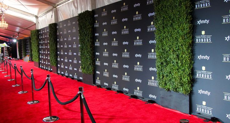 the red carpet is lined up with black barriers and green plants on it's sides