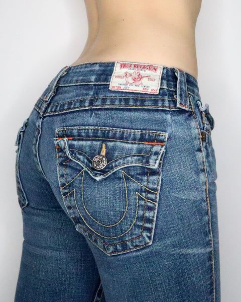 True Religion Flare Jeans (Small) True Religion Jeans Flare, Fits With Flared Jeans, True Religion Jeans Aesthetic, Embroiderd Jeans, Outfits With Flared Jeans, Low Waisted Flared Jeans, Flaired Jeans, Crochet Jeans, True Religon