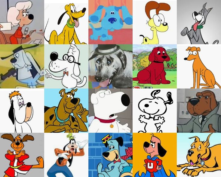 many cartoon characters are shown together in this collage, including dogs and cats with different expressions