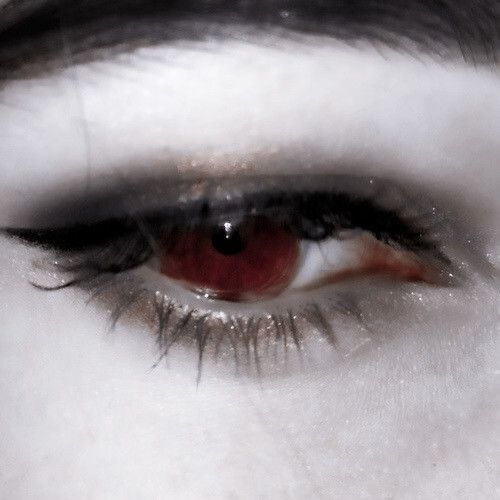 the eye of a woman with long lashes and red eyeshade, close up