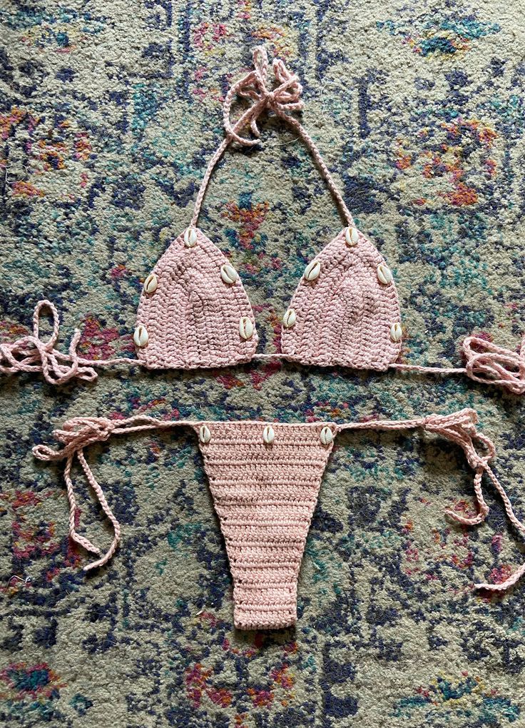 Hand sewn shells aswell as lining on the inside of the bikini ! Crochet Beachwear Swimwear For Vacation, Crochet Swimwear For Beach Party, Beachwear Crochet Swimwear For Vacation, Crochet Swimwear For Beachwear Vacation, Crochet Swimwear For Beach Party In Beach Season, Crochet Swimwear For Poolside Vacation, Crochet Swimwear For Beach Party During Beach Season, Crochet Swimwear For Beach Season Sunbathing, Crochet Swimwear For Sunbathing