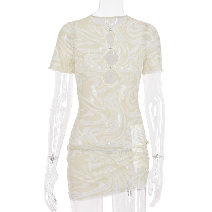 Material: Polyester Fiber (polyester) Material Composition: 91%-99% Pattern Type: Printing Beige Stretch Mini Dress For Summer, Sheer Short Sleeve Mini Dress For Party, Summer Sheer Mesh Mini Dress, Beige Summer Club Dress, White Sheer Mesh Dress For Summer, White Sheer Mesh Summer Dress, Beige Bodycon Dress For Summer Night Out, Beige Bodycon Dress For Club In Spring, Beige Bodycon Dress For Night Out In Summer